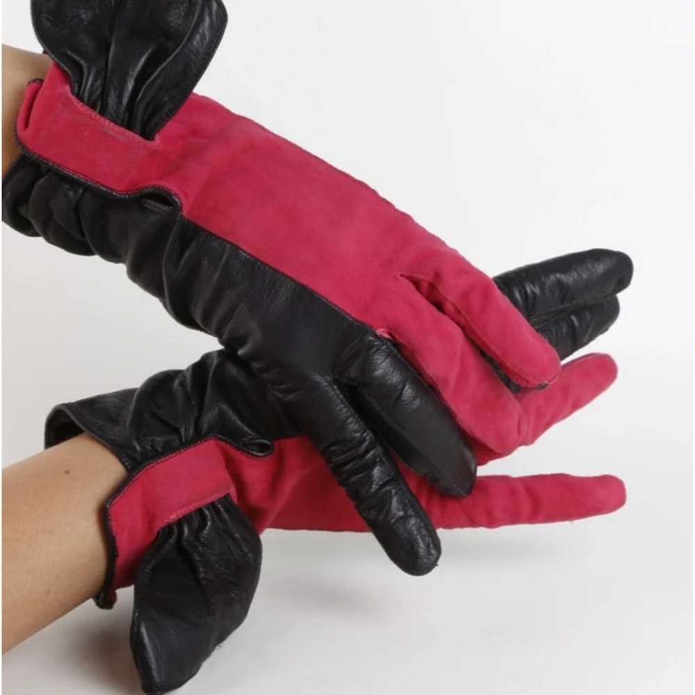 RARE Vintage Pierre Cardin Red Black Leather Suede Bow Gloves Size 7.5 France